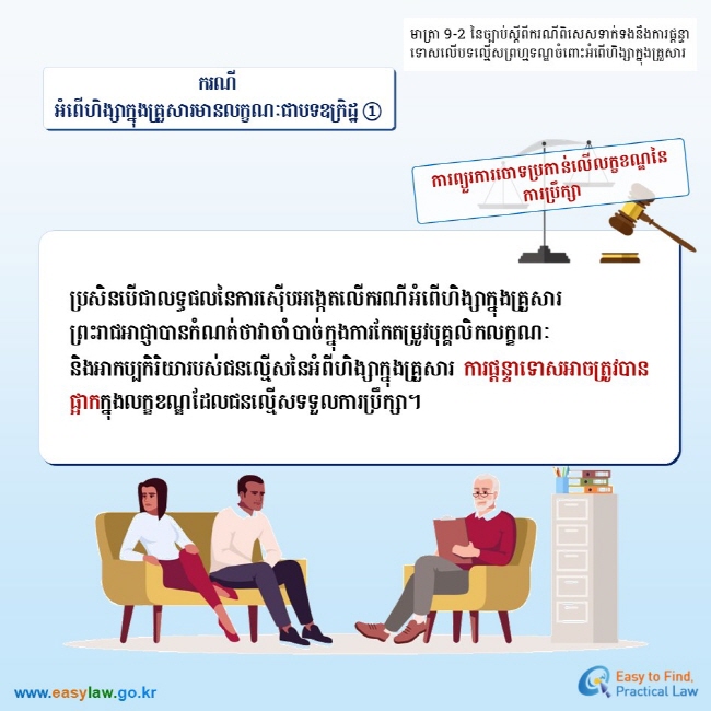 មាត្រា 9-2 នៃច្បាប់ស្តីពីករណីពិសេសទាក់ទងនឹងការផ្តន្ទាទោសលើបទលើ្មសព្រហ្មទណ្ឌចំពោះអំពើហិង្សាក្នុងគ្រួសារ ករណីអំពើហិង្សាក្នុងគ្រួសារមានលក្ខណៈជាបទឧក្រិដ្ឋ ① ការព្យួរការចោទប្រកាន់លើលក្ខខណ្ឌនៃការប្រឹក្សា ប្រសិនបើជាលទ្ធផលនៃការស៊ើបអង្កេតលើករណីអំពើហិង្សាក្នុងគ្រួសារ ព្រះរាជអាជ្ញាបានកំណត់ថាវាចាំបាច់ក្នុងការកែតម្រូវបុគ្គលិកលក្ខណៈ និងអាកប្បកិរិយារបស់ជនល្មើសនៃអំពីហិង្សាក្នុងគ្រួសារ ការផ្តន្ទាទោសអាចត្រូវបានផ្អាកក្នុងលក្ខខណ្ឌដែលជនល្មើសទទួលការប្រឹក្សា។